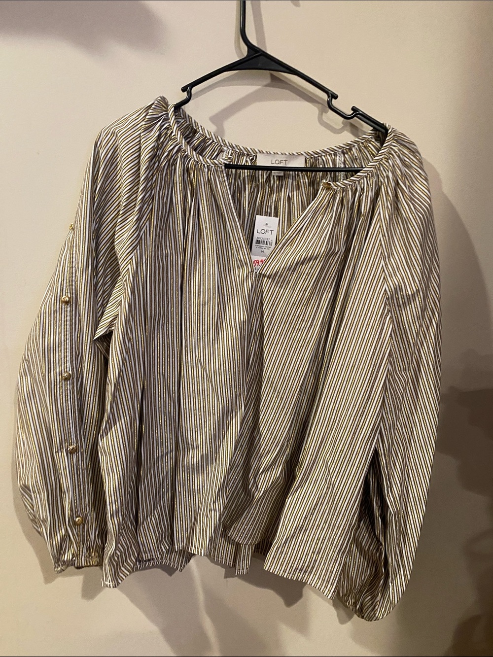 LOFT Cream and gold sparkle Striped Blouse with Gold Buttons